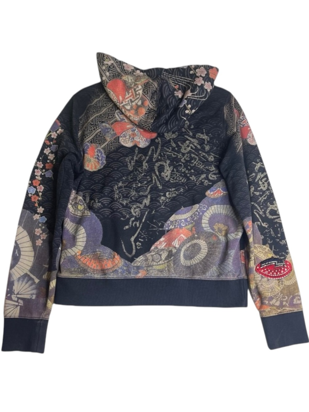 Rare: Y2K Lucky Brand ☂︎︎ Geisha Parasol Embroidery Zipper Hoodie ☂︎︎ Navy ☂︎︎ L - Picture 3 of 16